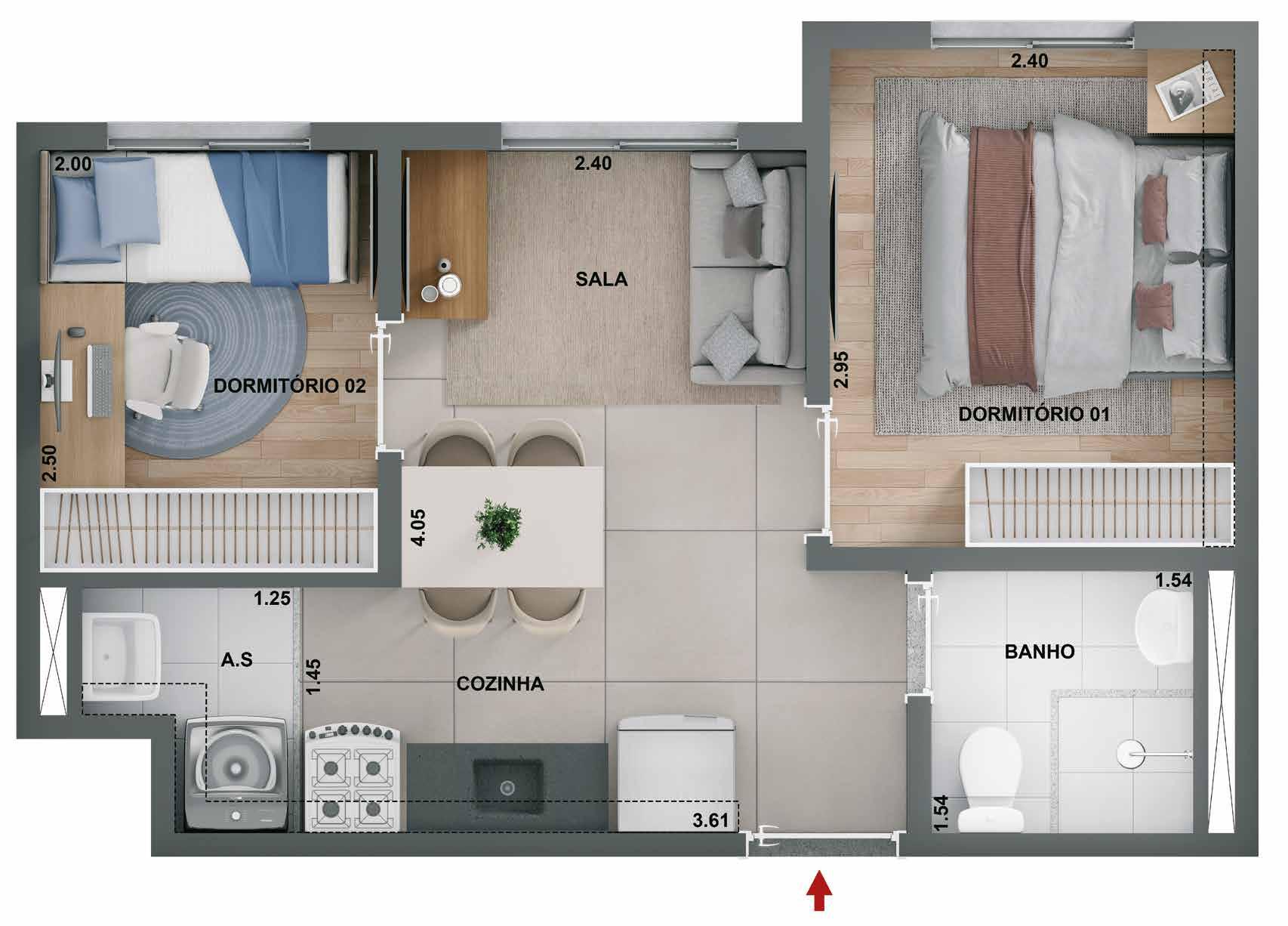 Planta 2 Dormitórios com Suíte